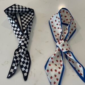 Two elegant checked and strawberry patterned neckerchief scarfs NWOT